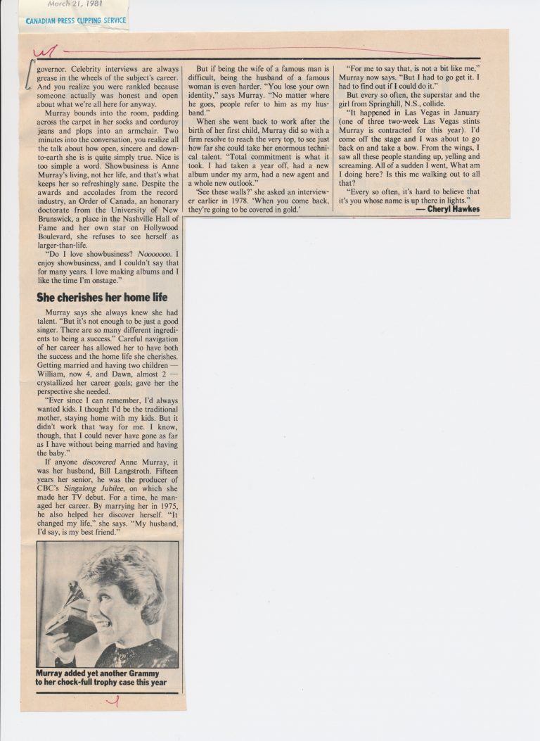 Canadian Press Clipping of Anne’s 1981 Grammy win