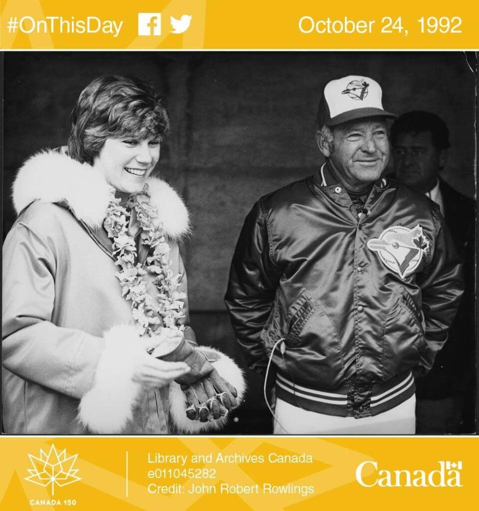 Anne with Roy Hartsfied after singing O Canada at the first ever regular season game for the Toronto Blue Jays
